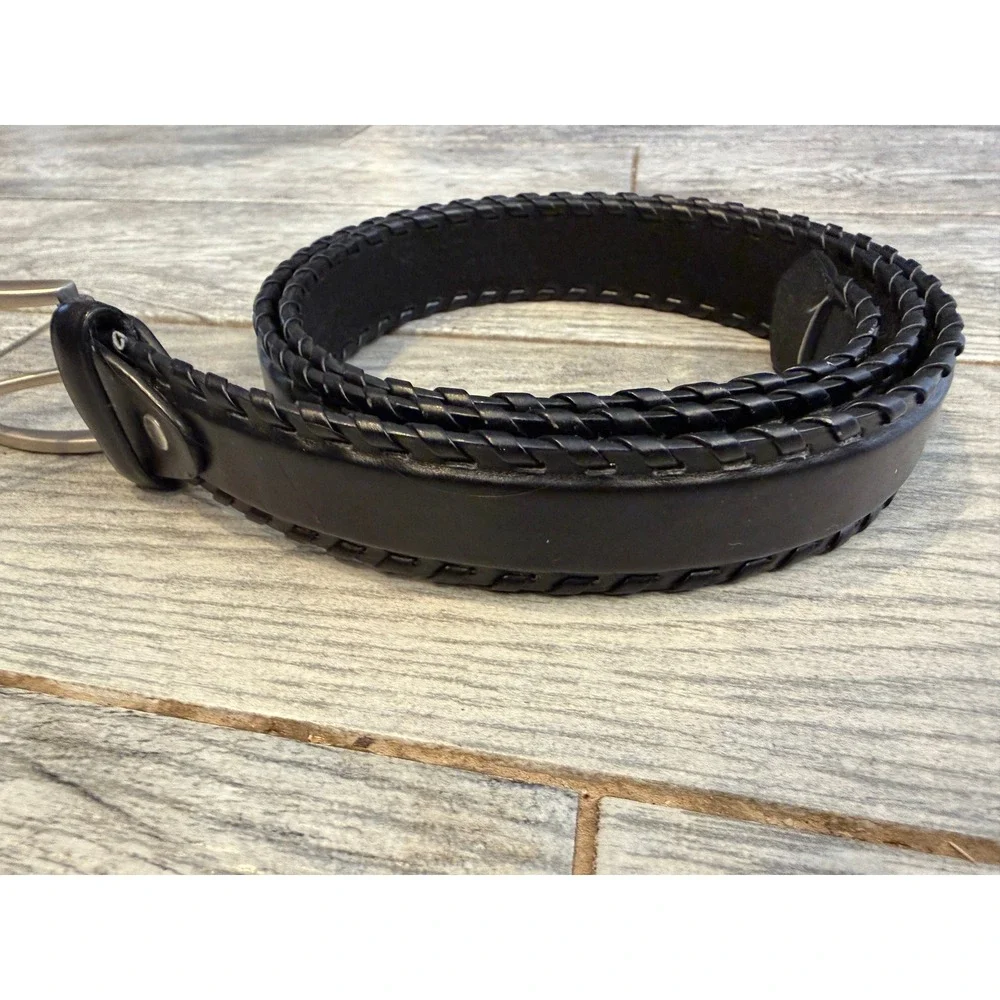Braided Edge Genuine Leather Belt Mens 44 Black Whipstitch Silver Buckle Western